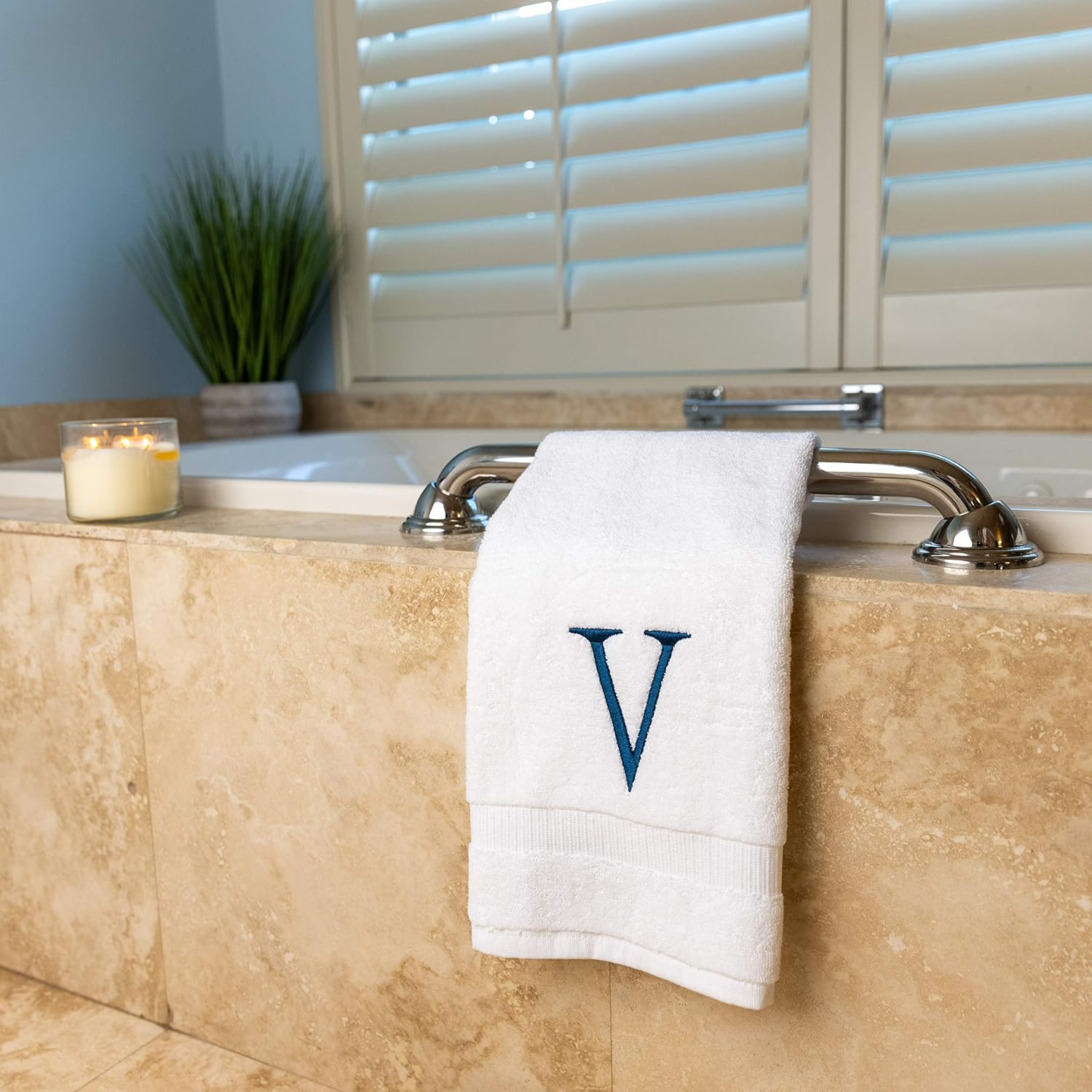 White with Navy Monogrammed Hand Towels for Bathroom - Set of 2 Letter V | Luxury Hotel Quality Initial Towels For