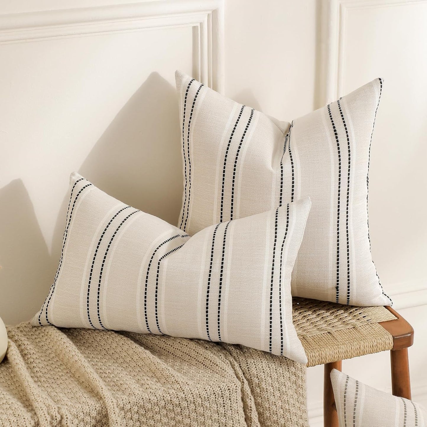 Hand Made Decorative Pillow Covers Striped Throw Pillows Textured Linen / Black / 18 x 18 / Set of 2