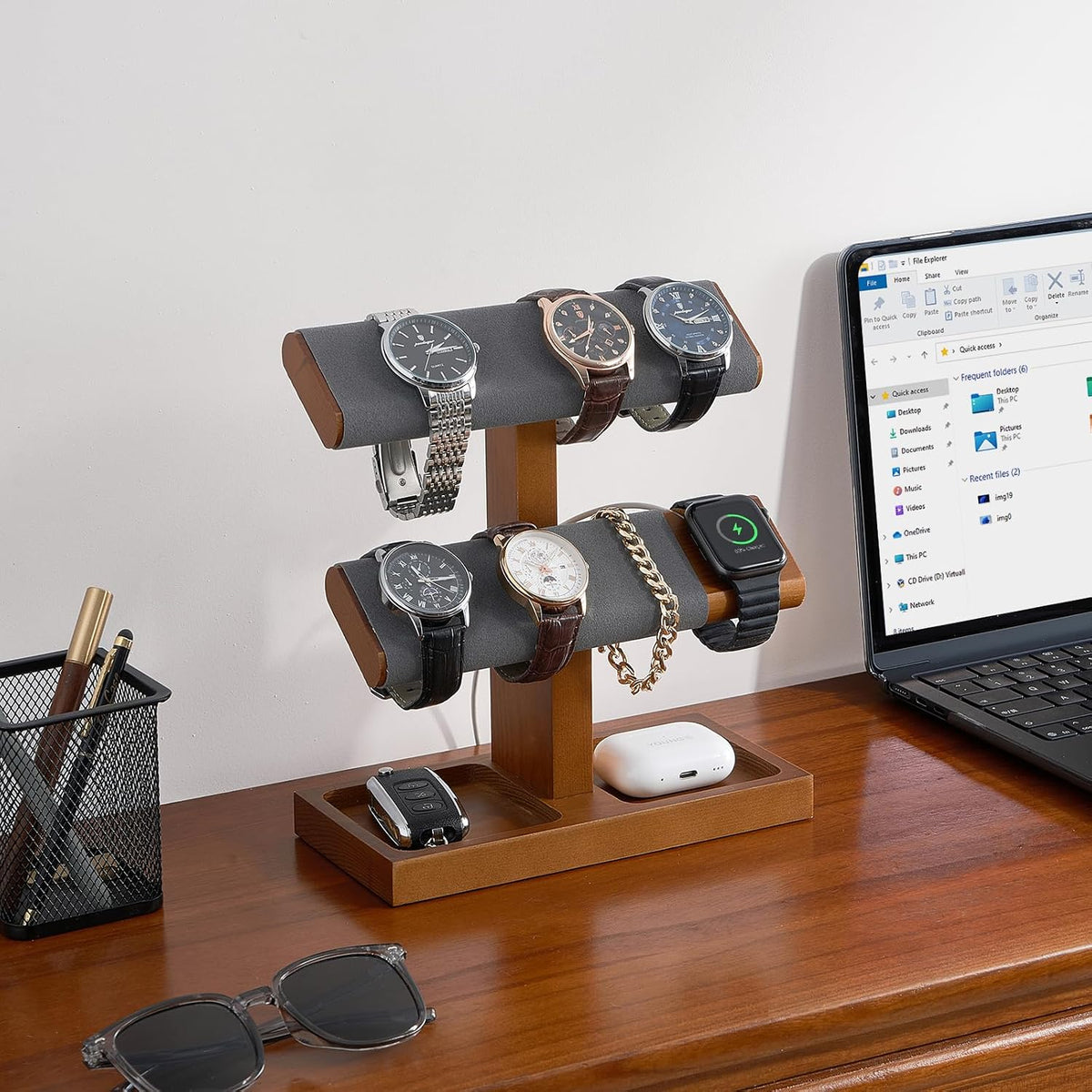ProCase Wood Watch Display Stand Holder for Men, Wristwatch Tower with T-Bar Design, Hanging Watch Rack, Wooden Wrist
