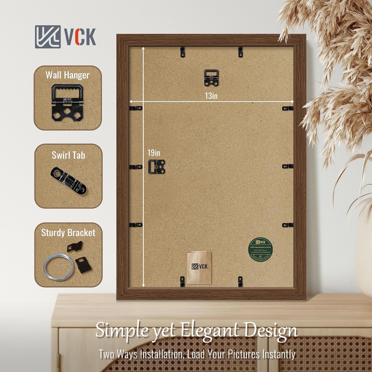 VCK 13x19 Picture Frame Brown 4 Pack, Wide Thick Wood Border, for Prints | Exclusive Woodgrain, Wall Hanging, HD