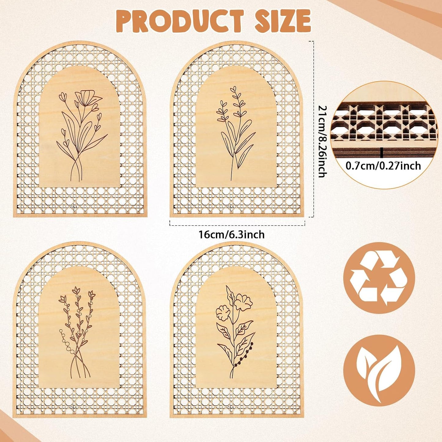 Rattan Wooden Boho Wall Decor Floral Room Wall Art Aesthetic Nursery Farmhouse / Natural / Set of 4