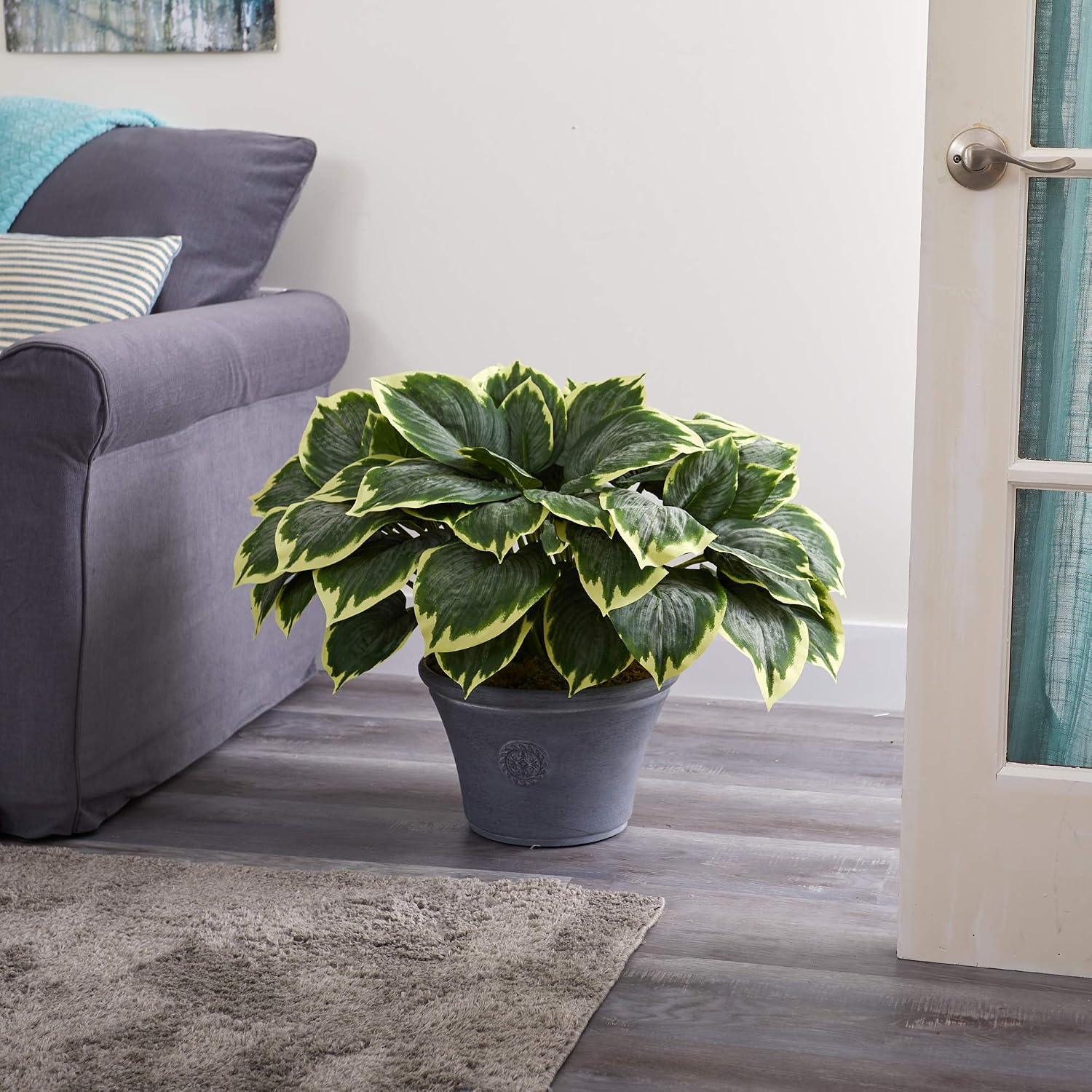 . Variegated Hosta Artificial Plant in Planter / Gray / 23 Inch