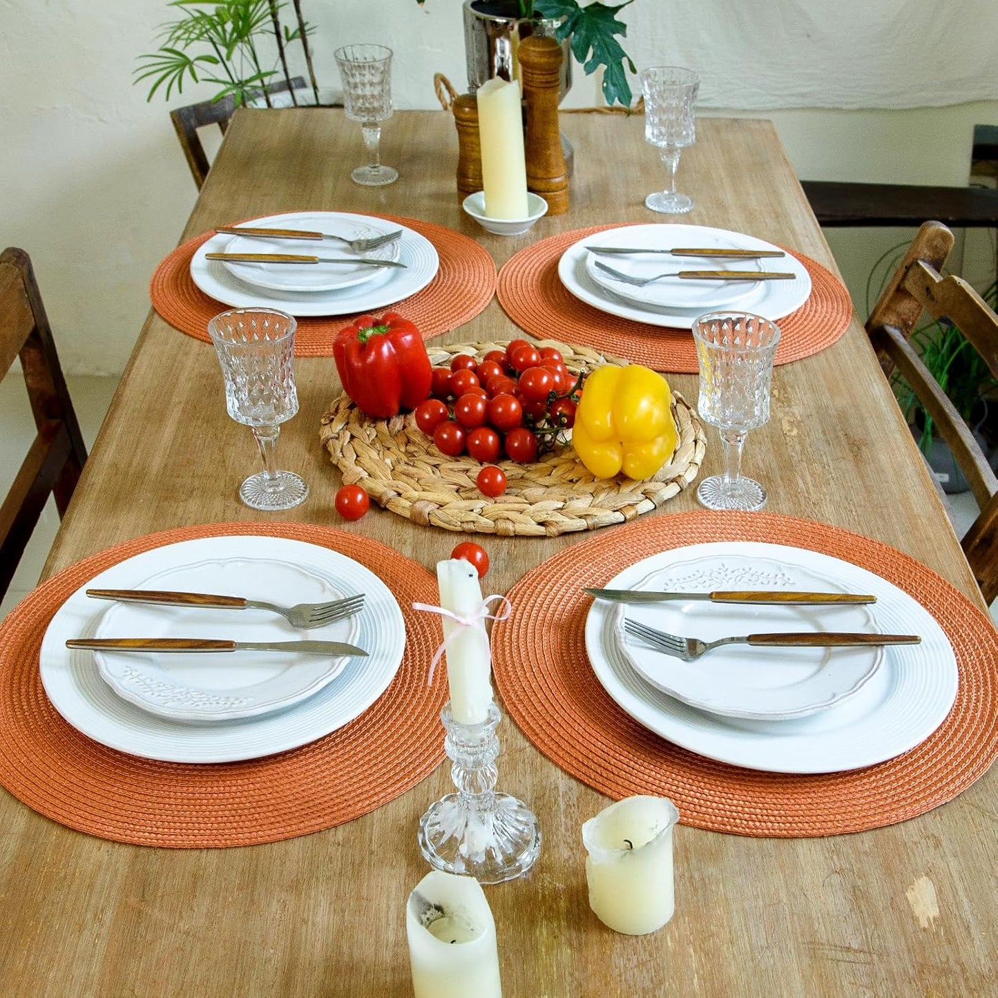 FunWheat Round Braided Placemats Set of 8 Table Mats for Dining Tables Woven Washable Non-Slip Place mats 15
