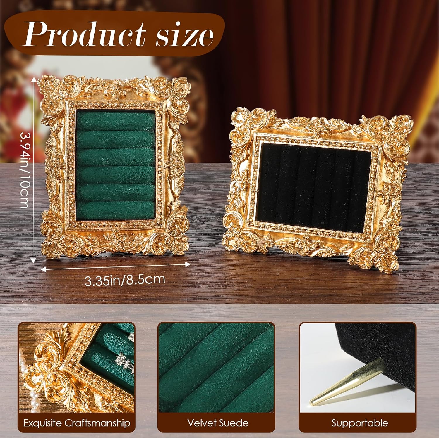 Vintage Ring Holder Rectangle Gold Velvet Display Stand / Mpf05-gold Green