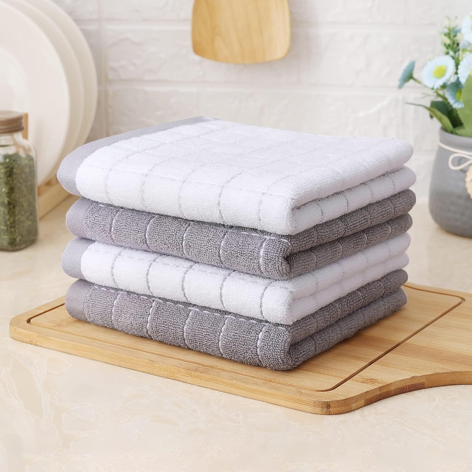 Homaxy 100% Cotton Terry Kitchen Towels, 8 Pack, White and Light Grey | Ultra Soft and Absorbent Dish Towels for