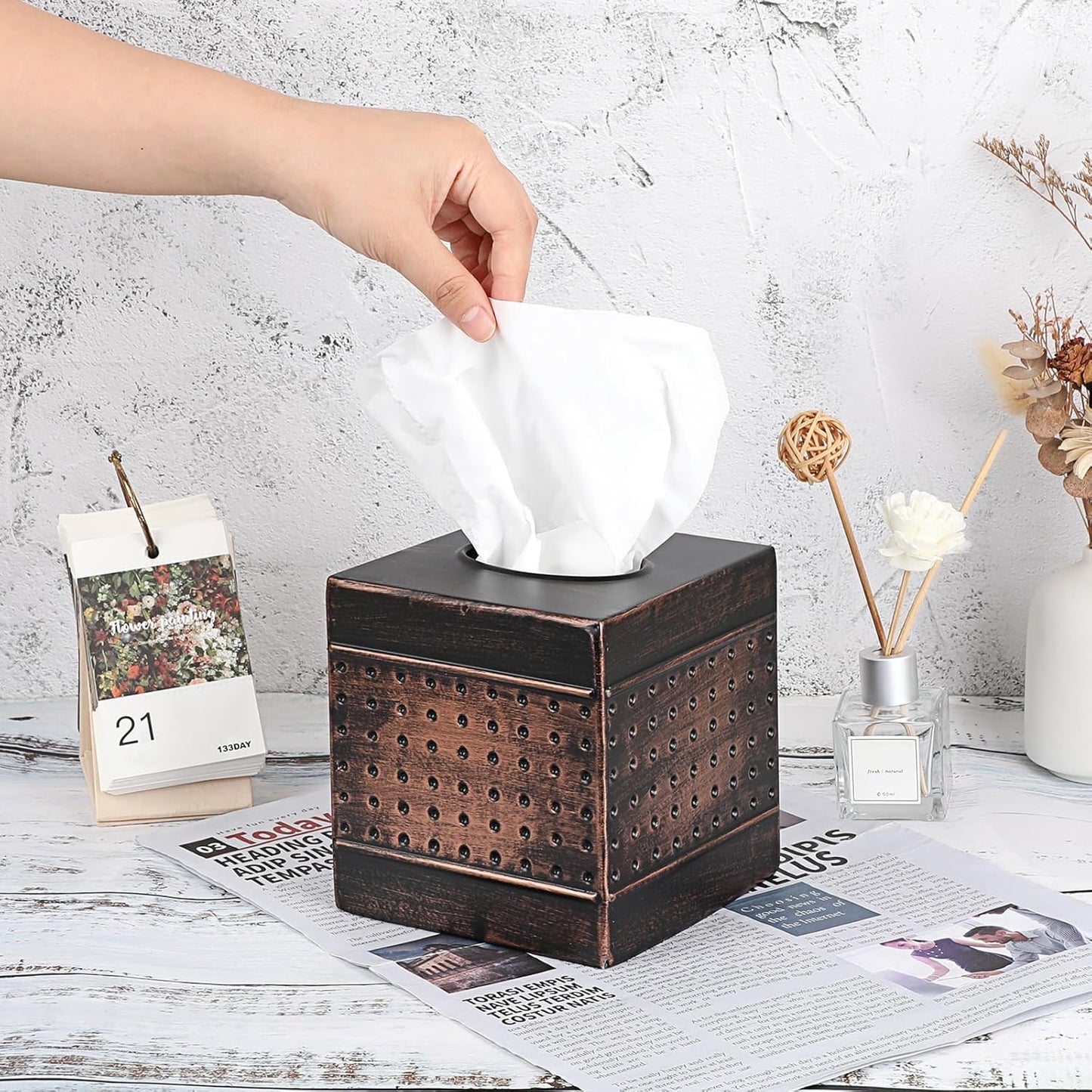 Tissue Box Cover Sturdy Galvanized Iron Square Tissue Box / Bronze