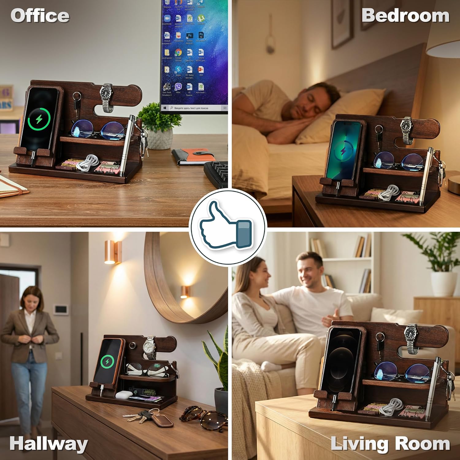 TESLYAR Wood Phone Docking Station for Men - Desk or Nightstand Organizer - Birthday Gifts for Husband, Dad