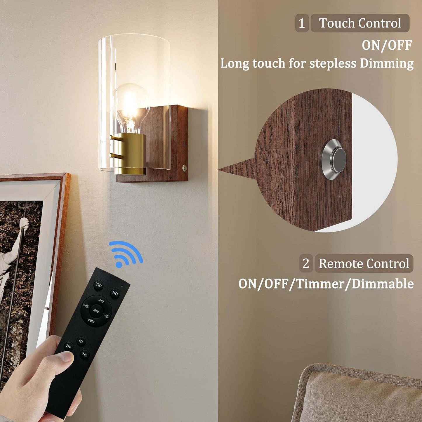 Modern Walnut Gold Battery Operated Wireless Wall Sconces Set of Two | Dimmable Rechargeable Wall Sconce with Remote