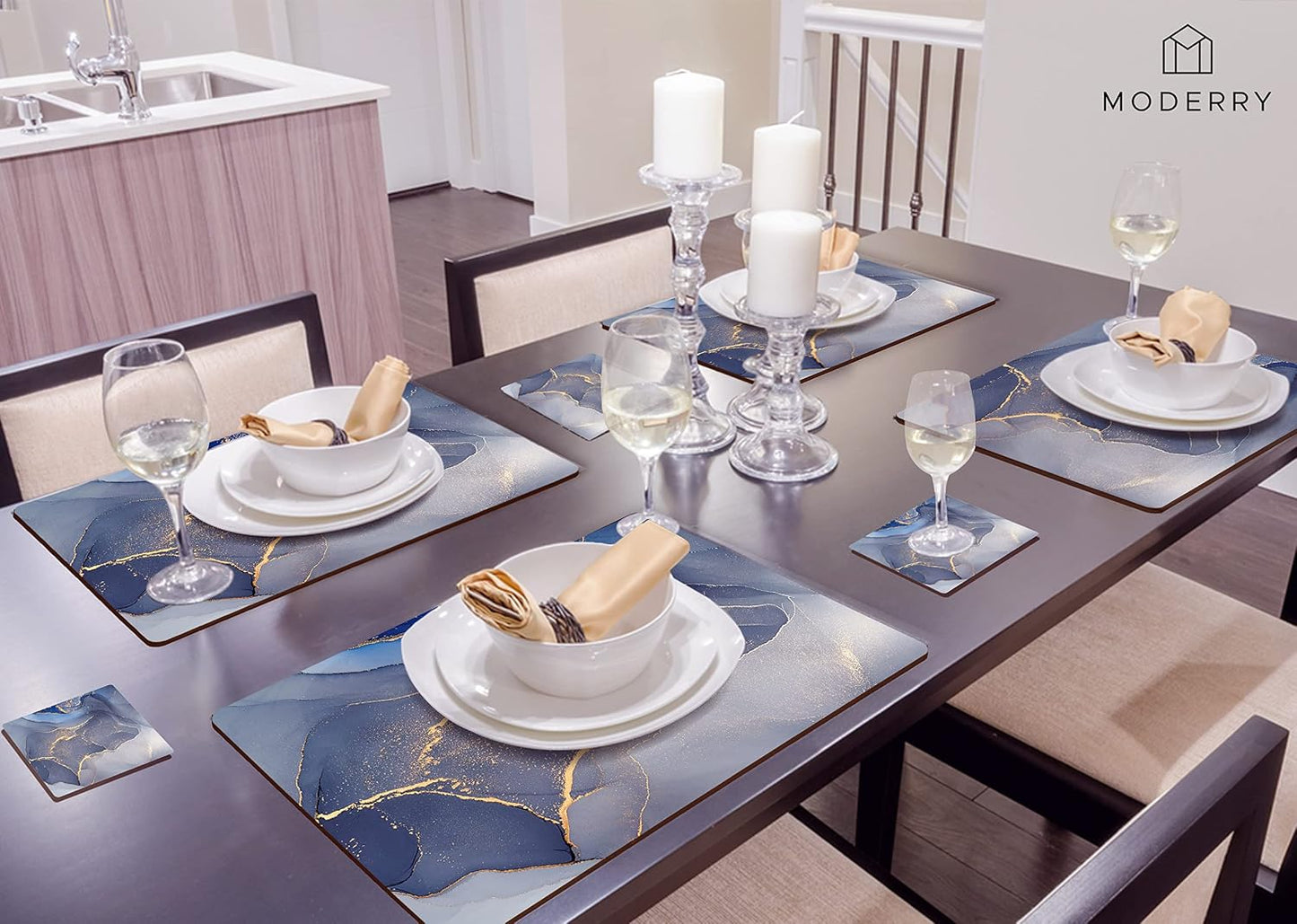 Heat Resistant Cork Placemats for Dining Table / Blue & Gold / Set of 4