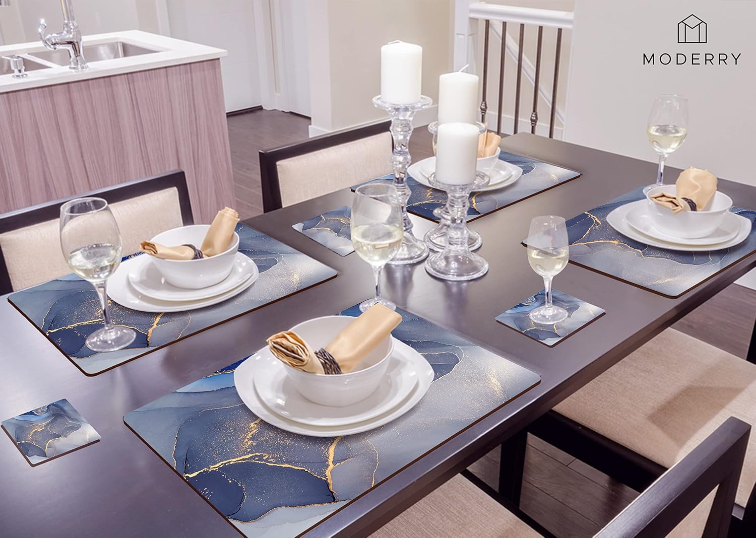 Heat Resistant Cork Placemats for Dining Table / Blue & Gold / Set of 4