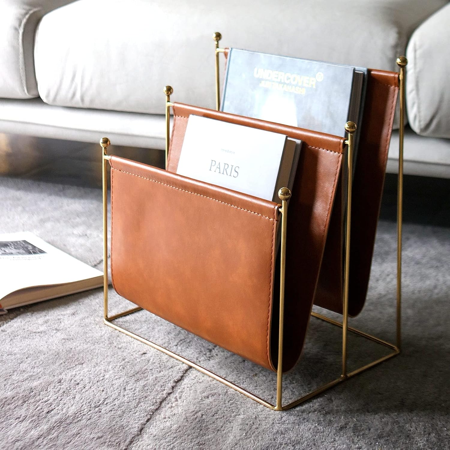 Plated Metal Wire and Leatherette Magazine Holder Rack, 2-Slot Standing Rack for Magazines, Books, Newspapers, Home