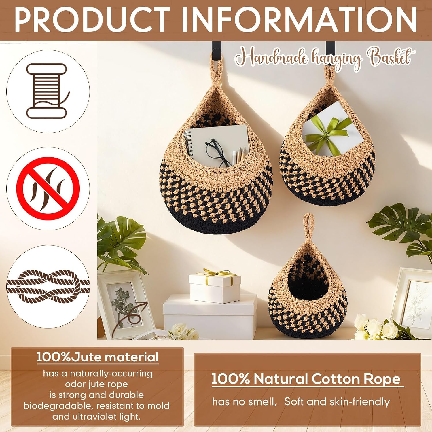 Boho Decor Hanging Wall Baskets / Linen with Black / Cotton Rope / Teardrop / Set of 3