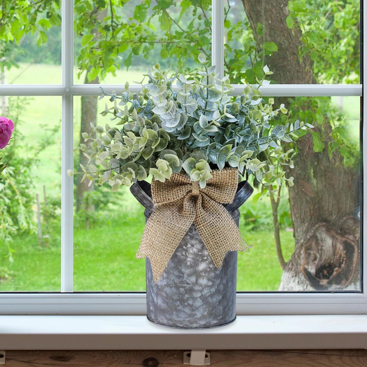Farmhouse Faux Eucalyptus Arrangement Centerpiece Rustic Galvanized Metal Milk Can Vase Artificial