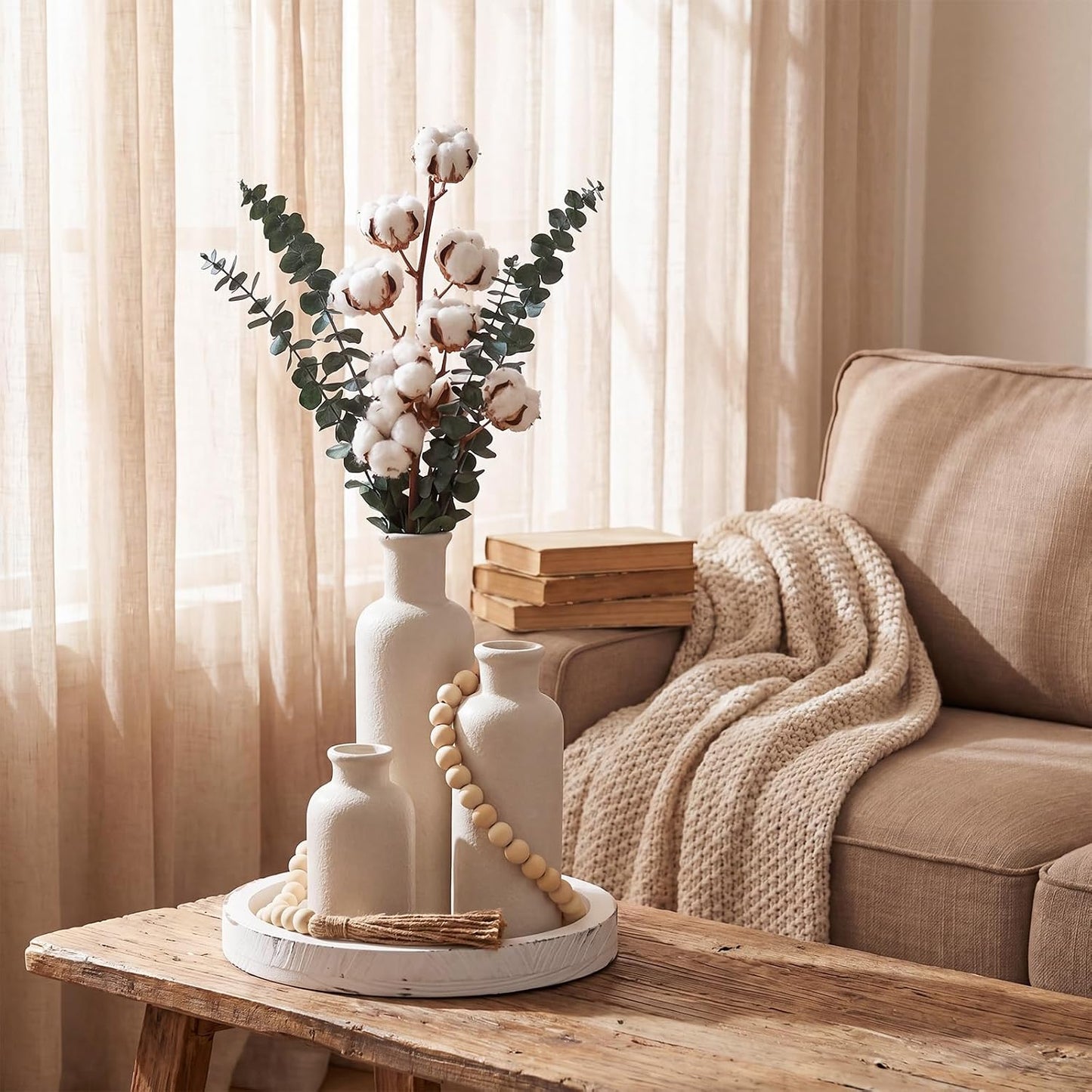 Wooden Serving Tray Wood Bead Garland / Cement Style White / Set of 5