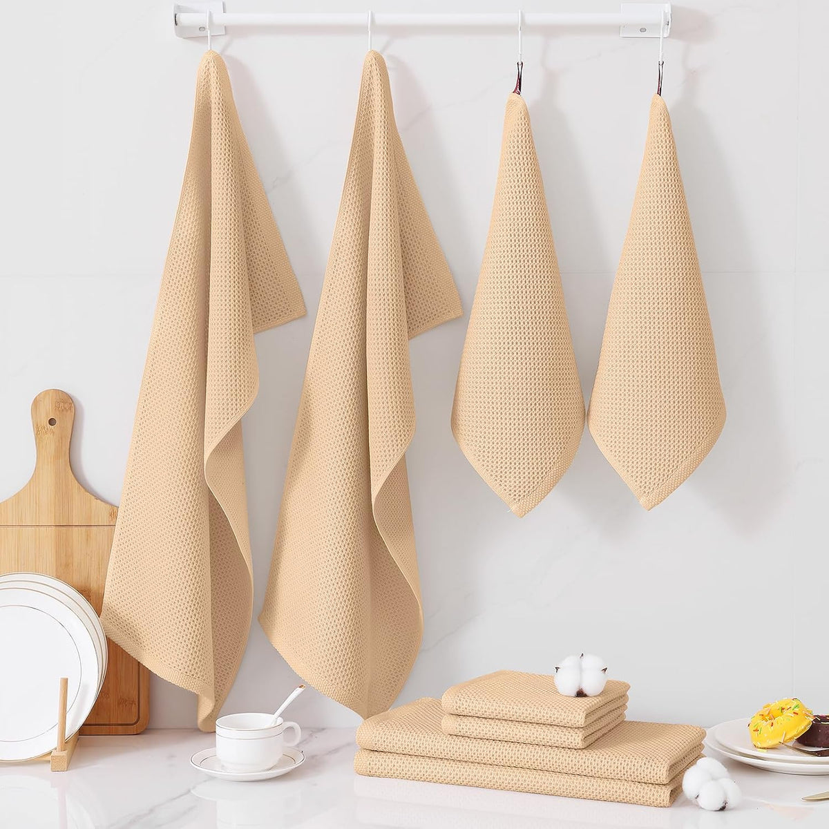 Homaxy 12 Pack 100% Cotton Kitchen Towels and Dishcloths Set, Apricot | 12 x 12 Inches and 13 x 28 Inches Kitchen