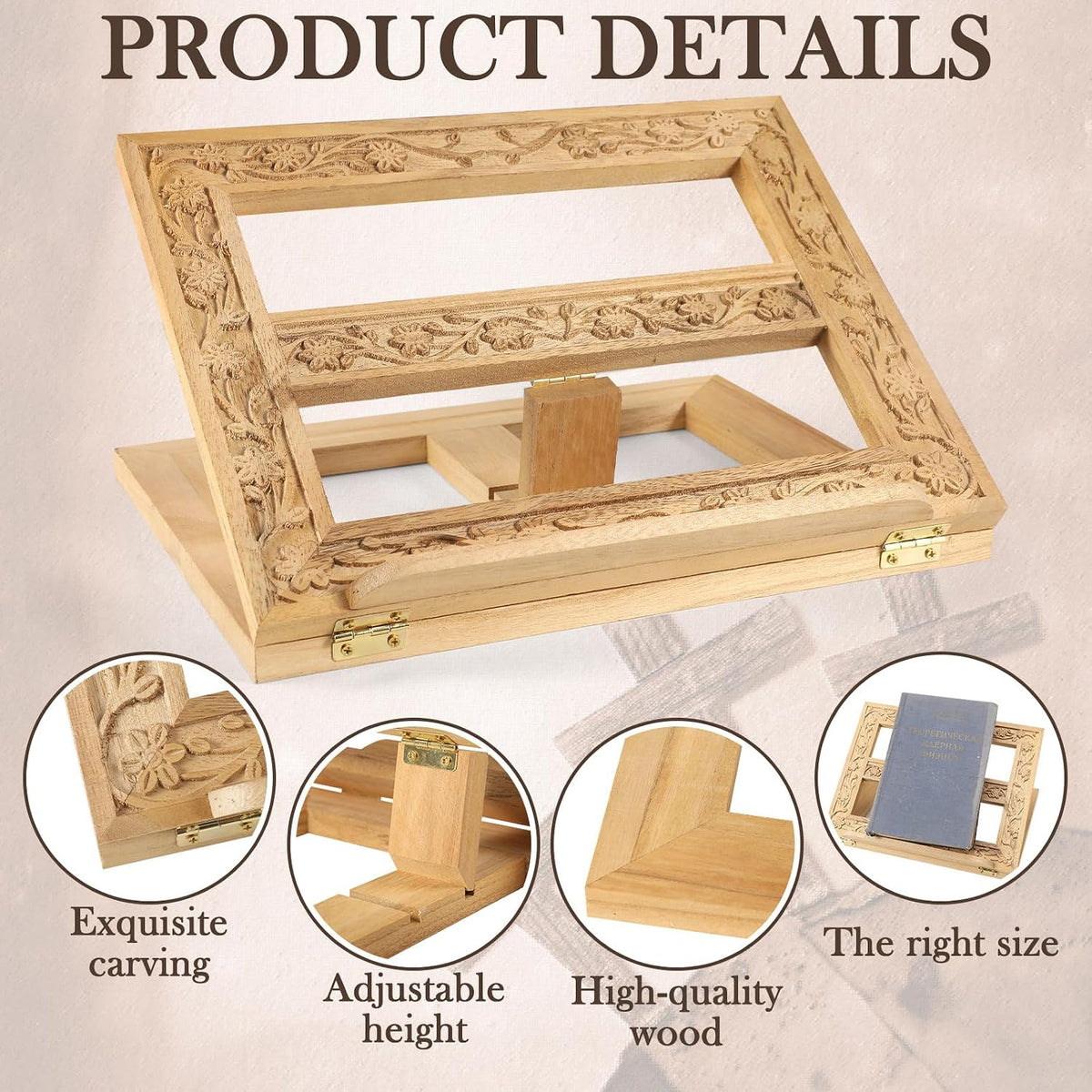 DoubleFill Adjustable Wooden Bible Stand Carved Folding Holder,Light Brown | 12.99x10.04 Inches, For Prayer Books
