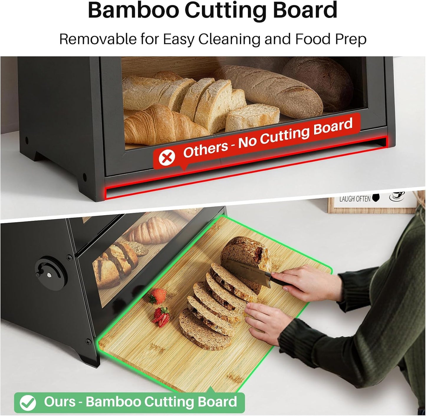 SNTD 2 Tier Bread Box for Kitchen Countertop, Adjustable Ventilation, Black | Bamboo Cutting Board, Airtight Design