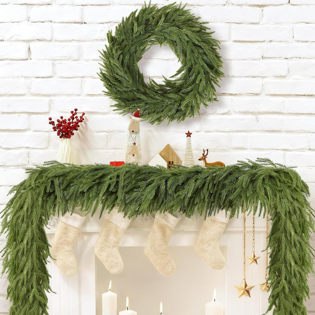 12FT Artificial Norfolk Pine Garlands - Real Touch Winter Pine Garland | Green Artificial Greenery Garland for Mantle