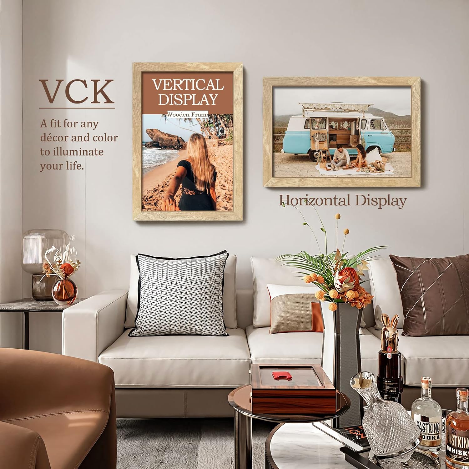VCK 12x18 Picture Frame Set of 3, Natural Solid Wood, Wall Hanging | Wide Border, Light Woodgrain, Shatterproof