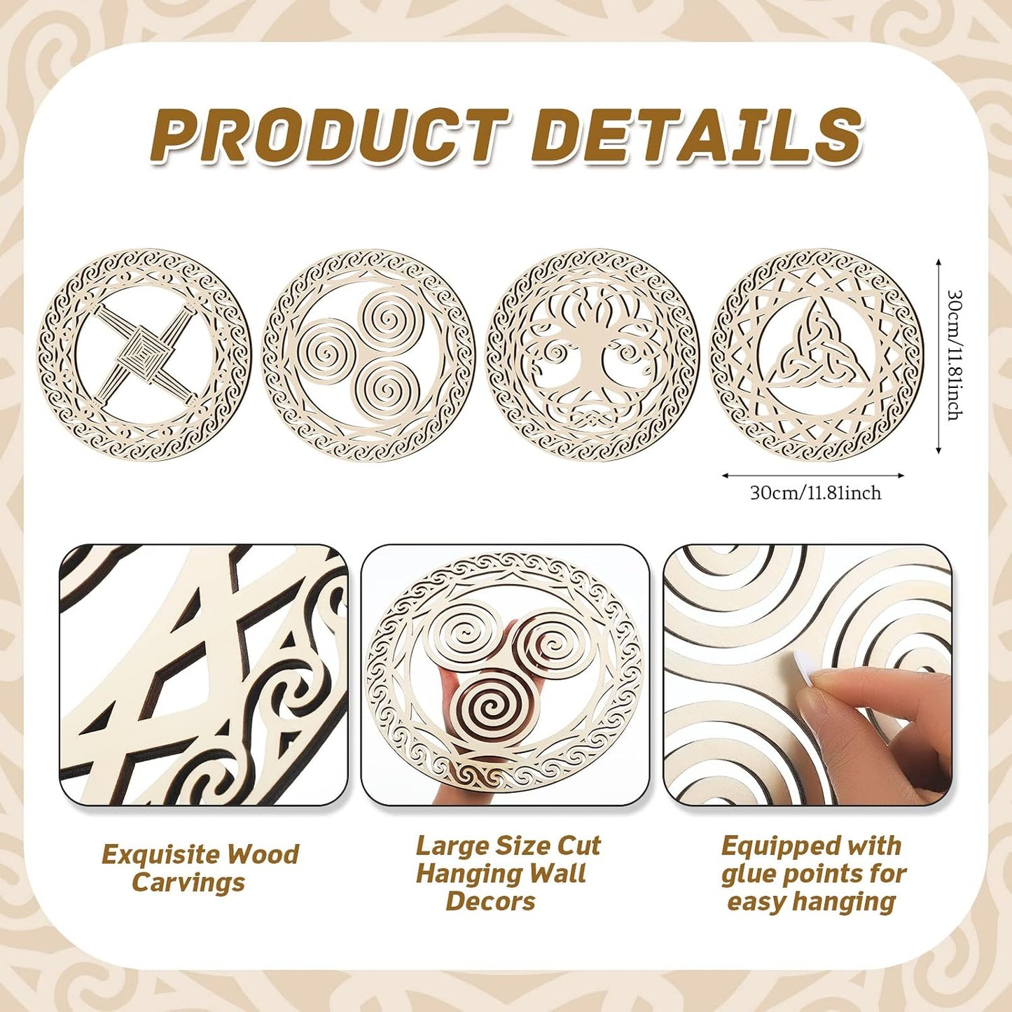 Celtic Symbol Wall Decor Celtic Cross Knot Triple Spiral Symbol Wood Sign / Wood Color / Set of 4