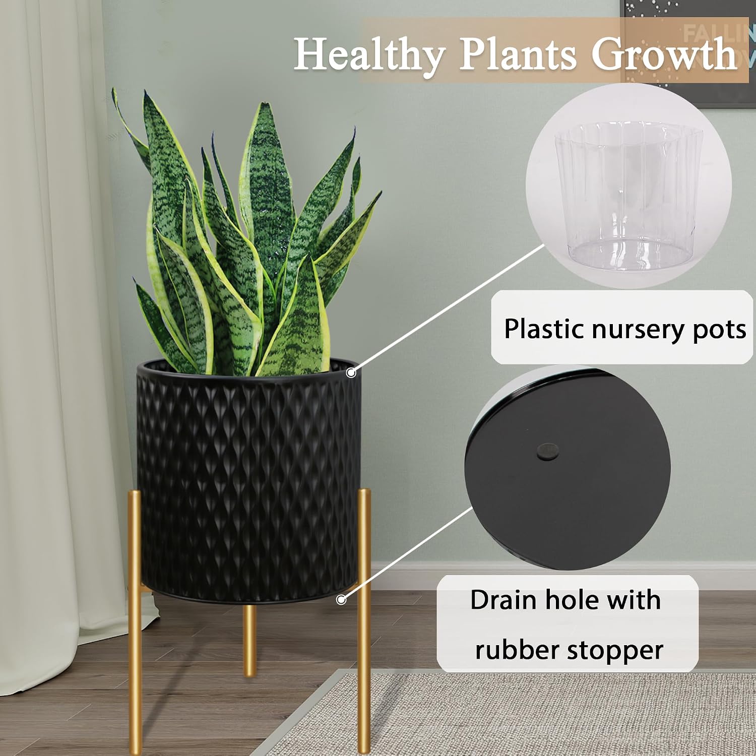 ARNIS Plants Pots with Stand, Large Size Flower Pots, Set of 2 Unique Mid Century Decorative Metal Flower Pots with