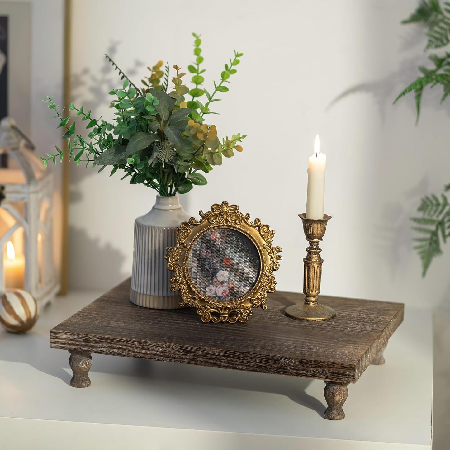 Wooden Riser Decorative Tray / Distressed / Rustic Brown
