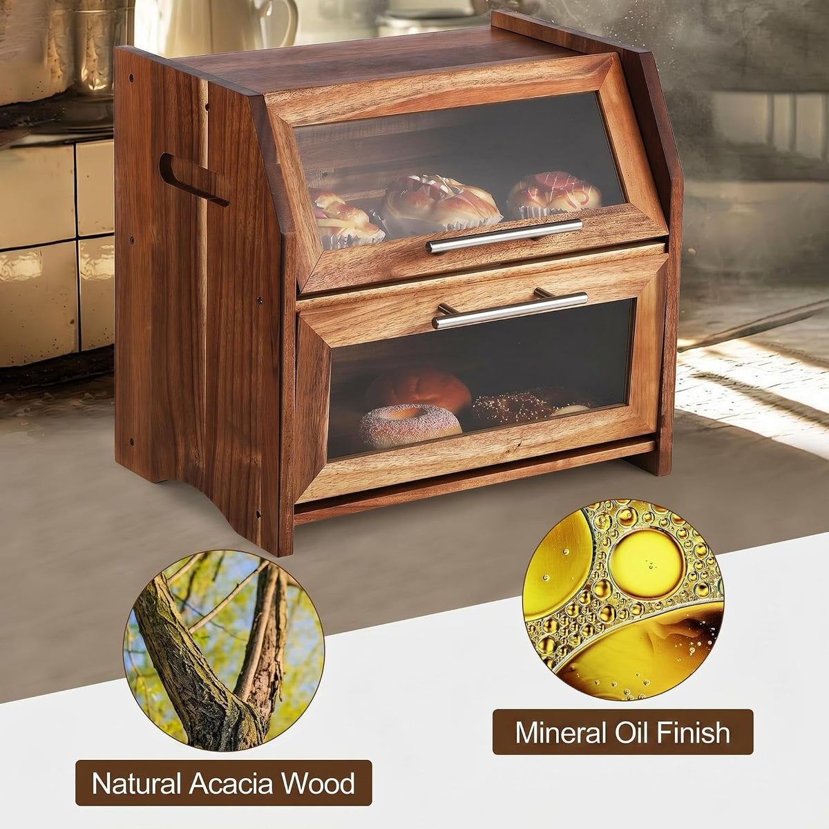 Garvee Acacia Wood Double Layer Bread Box, Clear Acrylic Door | Ventilation Design, Compact Countertop Organizer