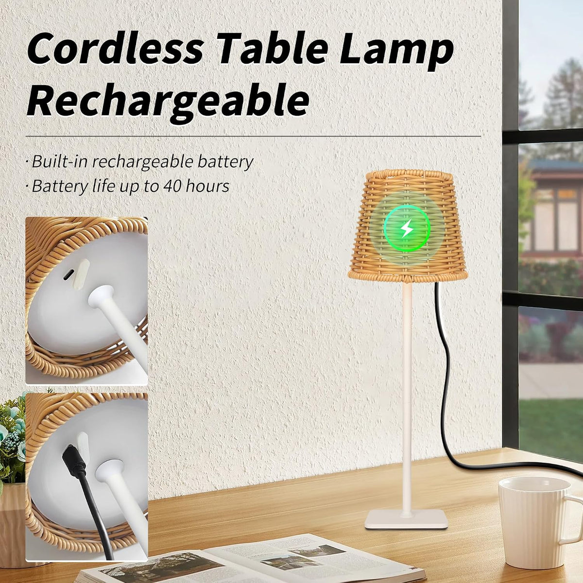 Mr.White Set of 2 Waterproof Outdoor Rechargeable Cordless Table Lamp with Wicker Shade, for Patio Restaurant Kitchen