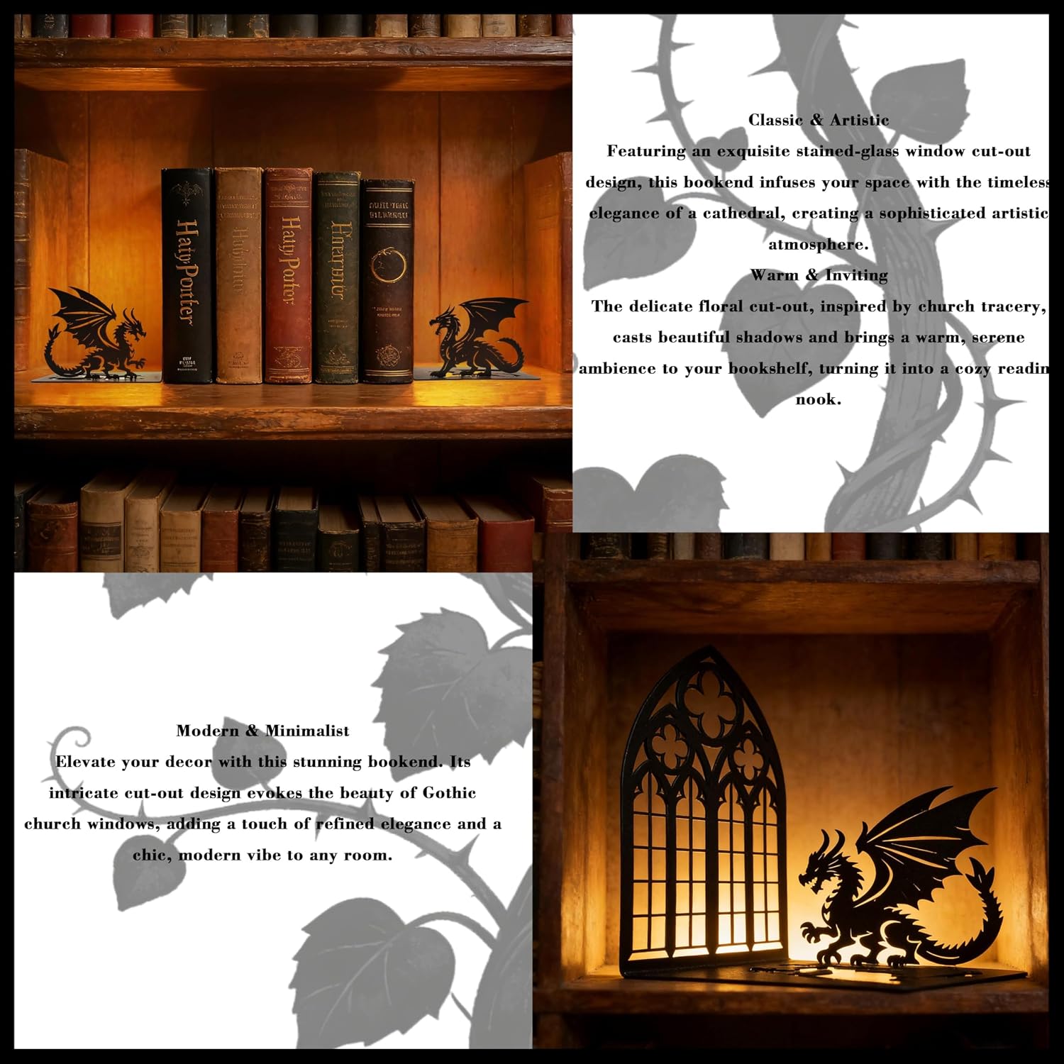Book Ends / Iron Gothic Decorative Bookends / Dragon / Matte Black