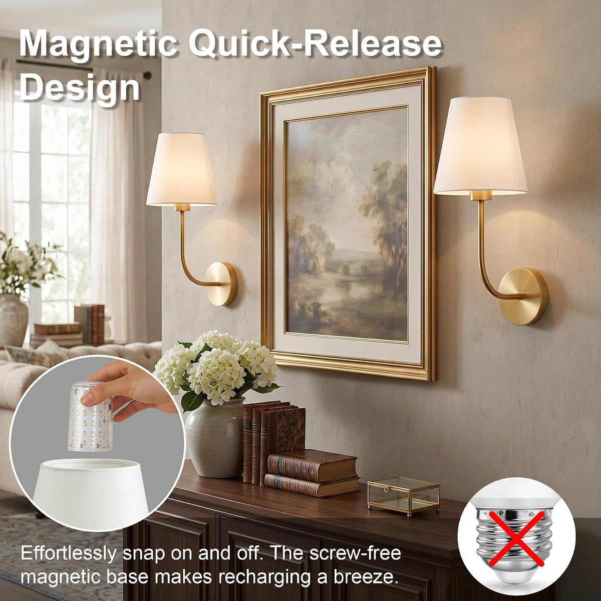 Gold Battery Operated Wall Light Set of Two, Wireless Wall Sconces with Remote Control & 3 CCT Color Temperature
