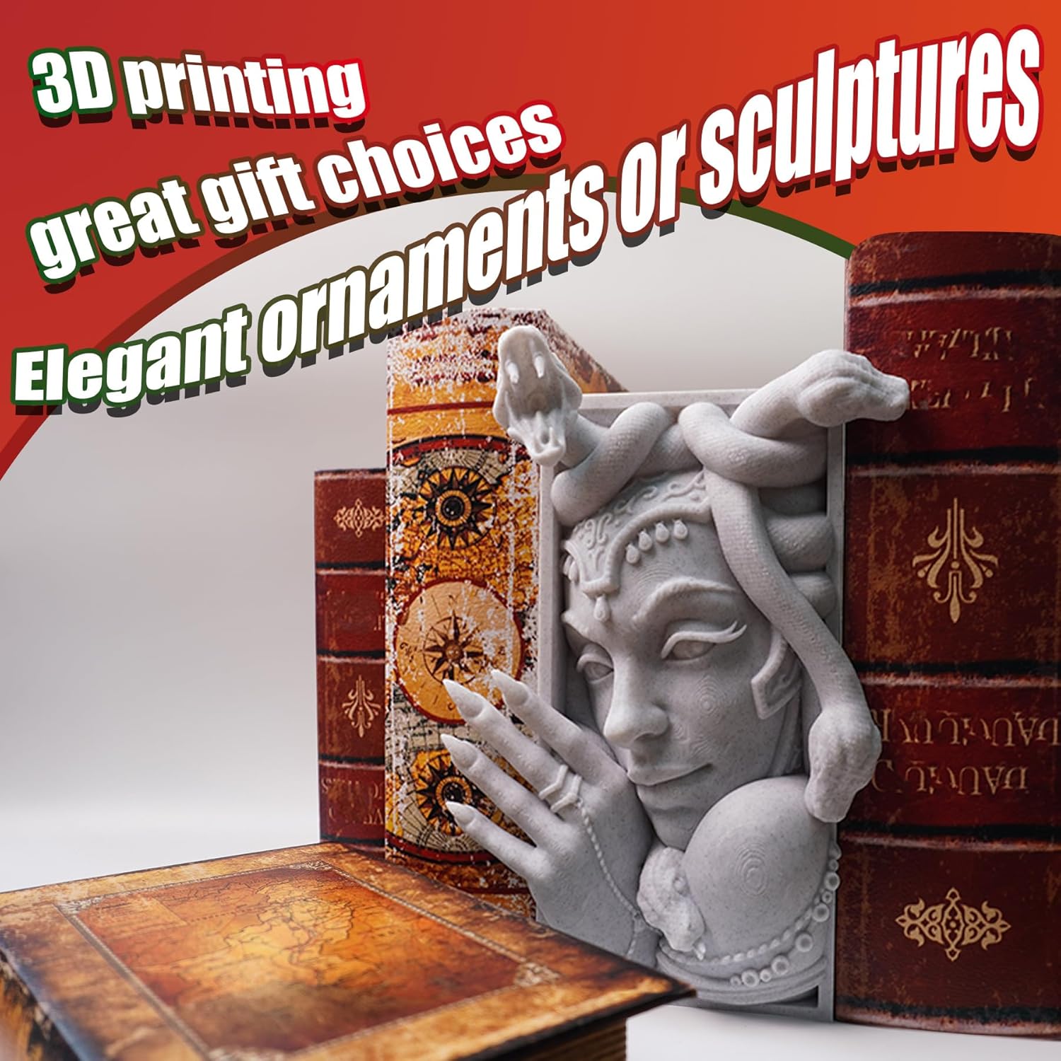 Medusa 3D Printed Decorative Bookend Lightweight Durable Book Shelf Accessories / Grey Medusa