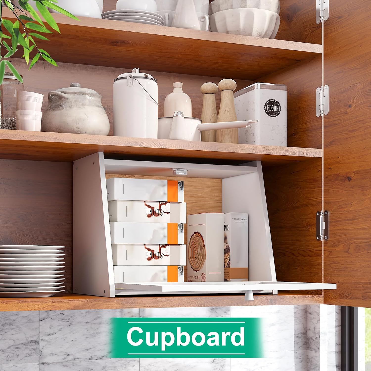 kiplant Large Bread Box for Kitchen Counter, White Bamboo Bread Storage Container with Wavy Arcylic Transparent Door