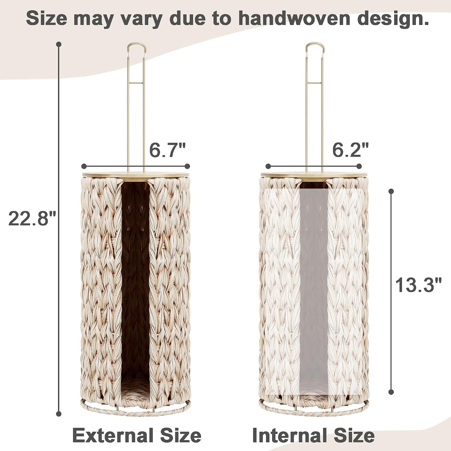 Toilet Paper Holder Stand with Lid Free Standing Storage for Bathroom Beige | Wciker, Water Hyacinth, 3 Rolls of Toilet