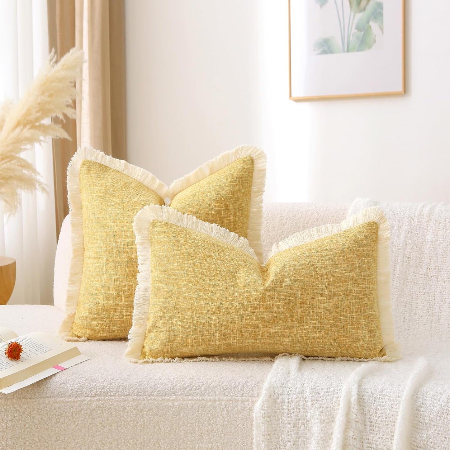 Boho Burlap Decorative Throw Pillow Covers Tassels Rectangle / Mustard Yellow / 20 x 12 / Set of 2