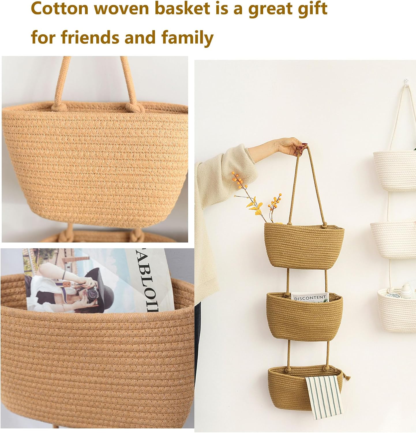 Woven Cotton Hanging Baskets for Organizing Decor 3-Tier Over the Door Wall-Mounted Storage / Brown