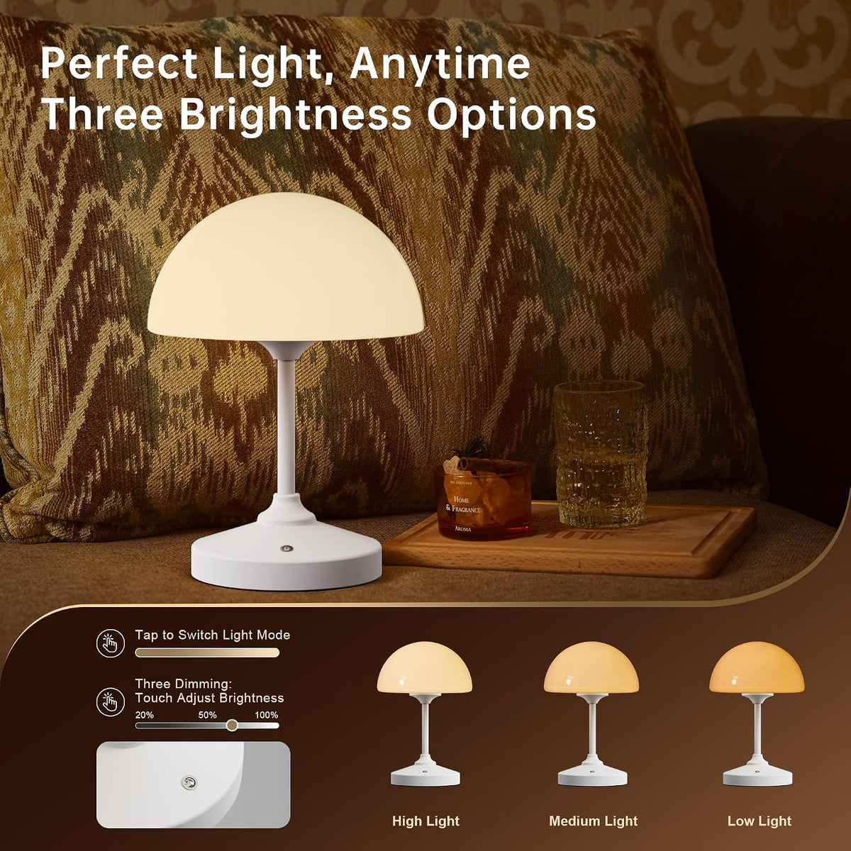 Mushroom Lamp Cordless Lamp Table Lamp,Outdoor Waterproof Shower Lamps,5000mAh Rechargeble Battery Operated Dimmable