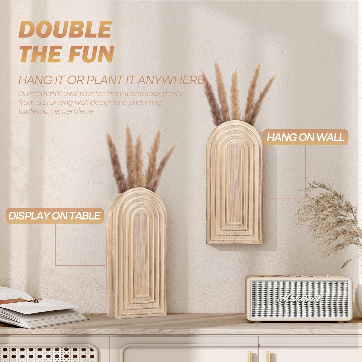 Pine Wood Wall Vases / Natural Wood / Set of 2