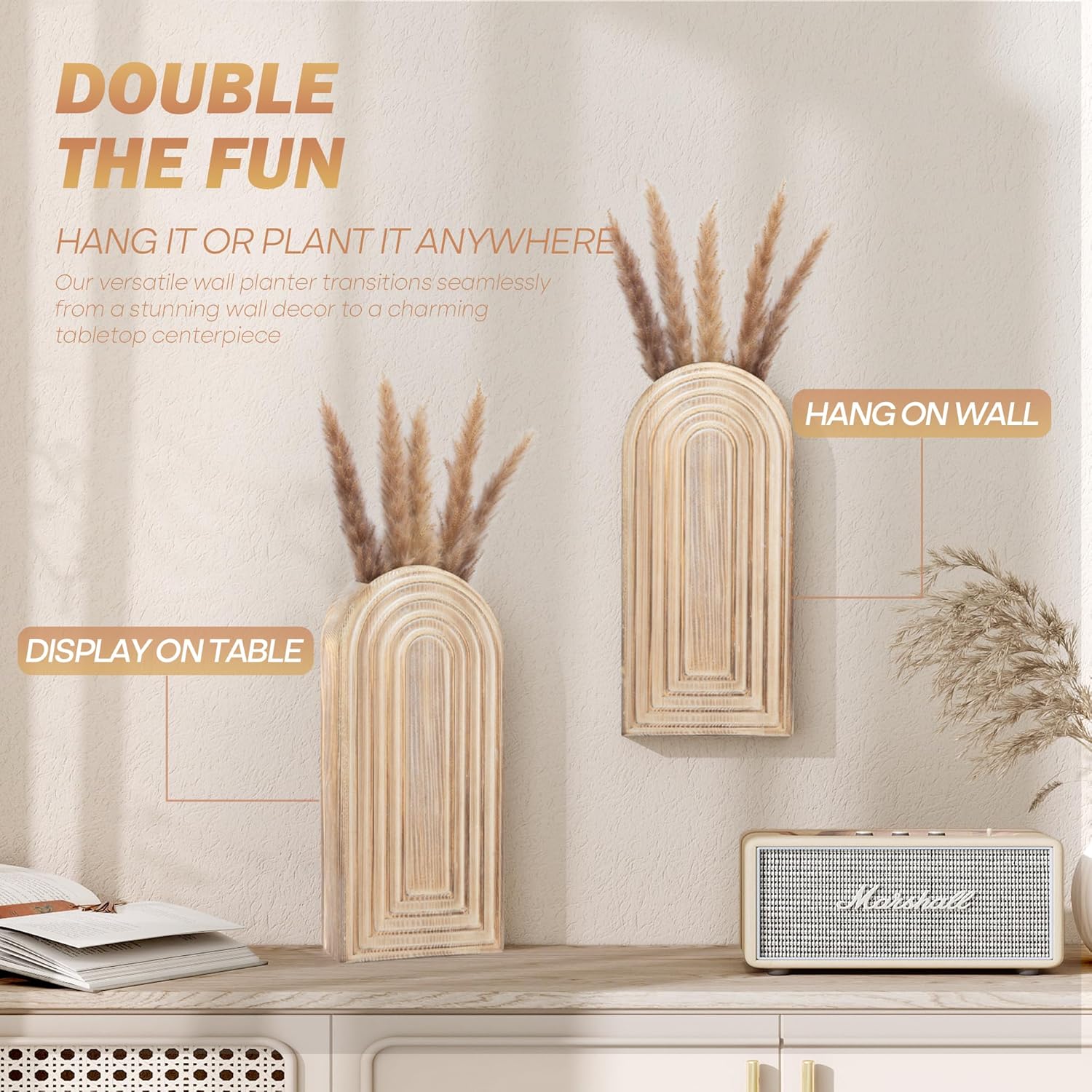 Pine Wood Wall Vases / Natural Wood / Set of 2