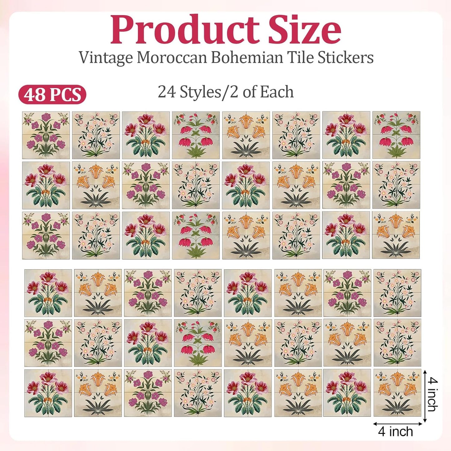 Vintage Moroccan Bohemian Tile Stickers / Set of 48