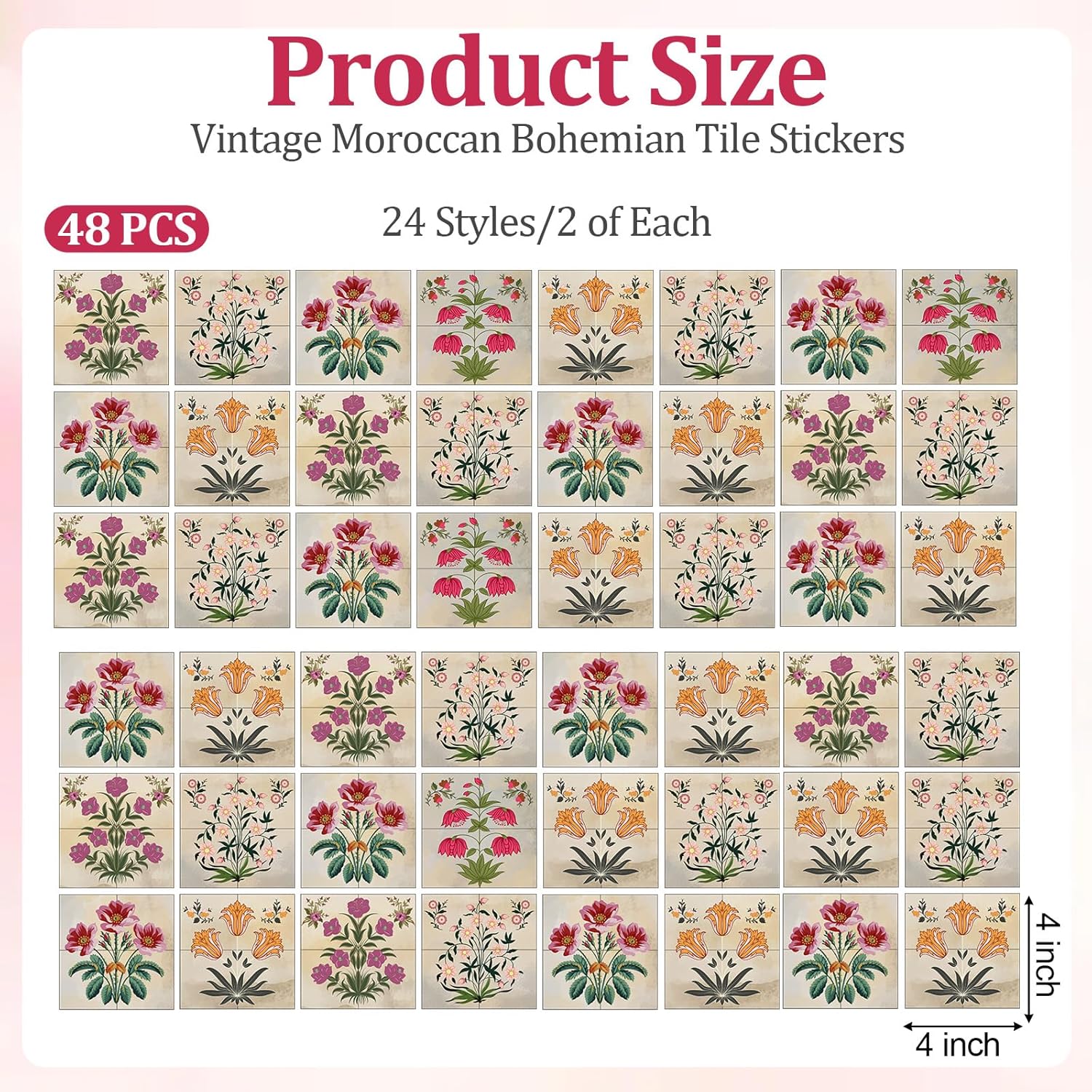 Vintage Moroccan Bohemian Tile Stickers / Set of 48