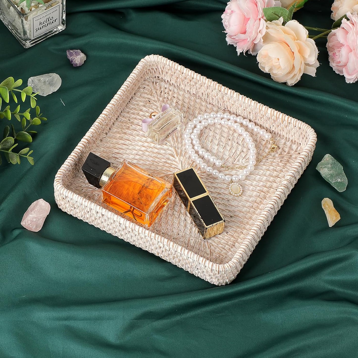 Key Basket for Entryway Table Handwoven Wicker Fruit Tray / 8.1 x 8.1 x 1.4 / Whitewash