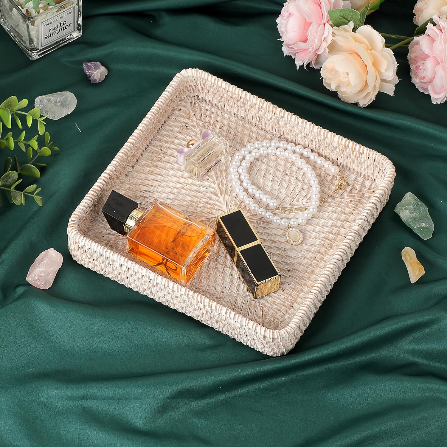 Key Basket for Entryway Table Handwoven Wicker Fruit Tray / 8.1 x 8.1 x 1.4 / Whitewash