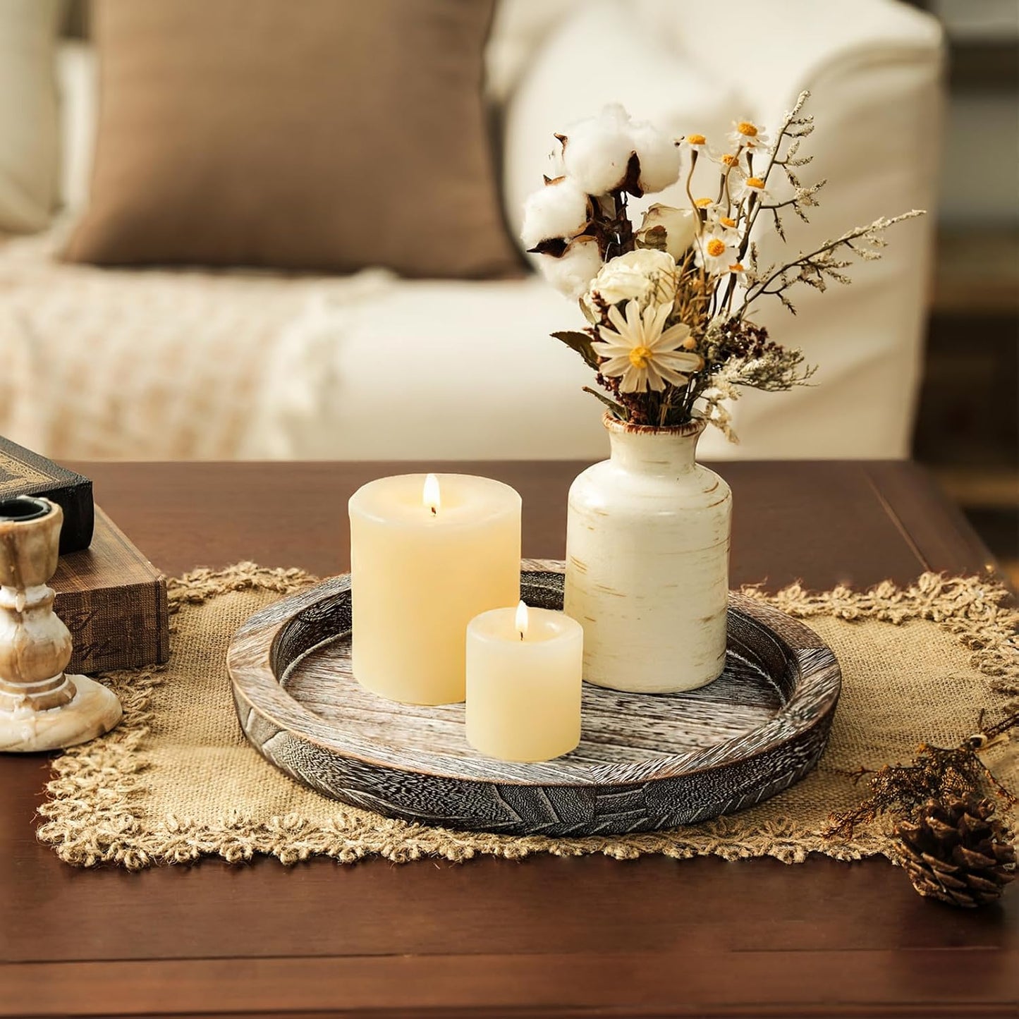 Round Wood Tray Home Decor / Whitewashed