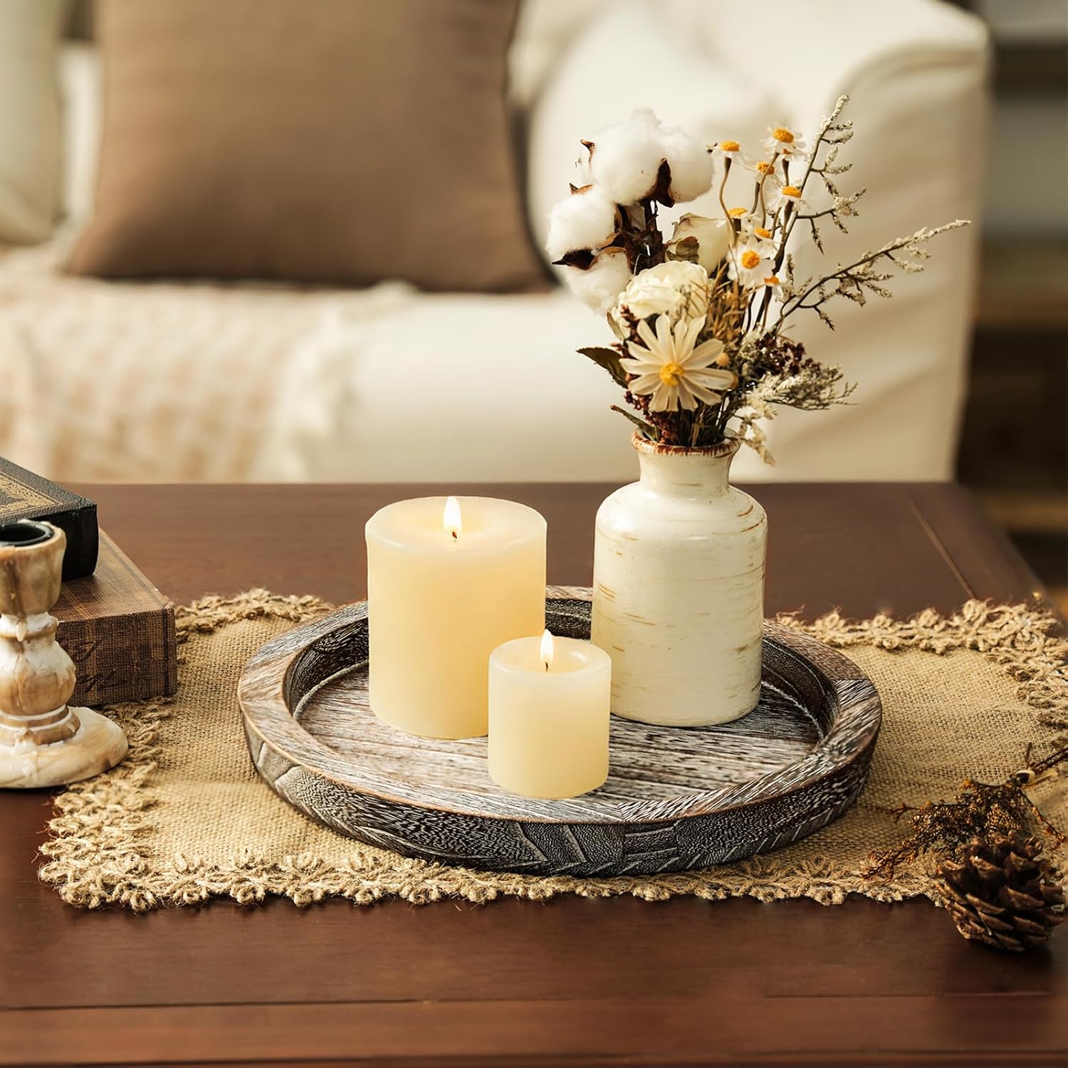 Round Wood Tray Home Decor / Whitewashed