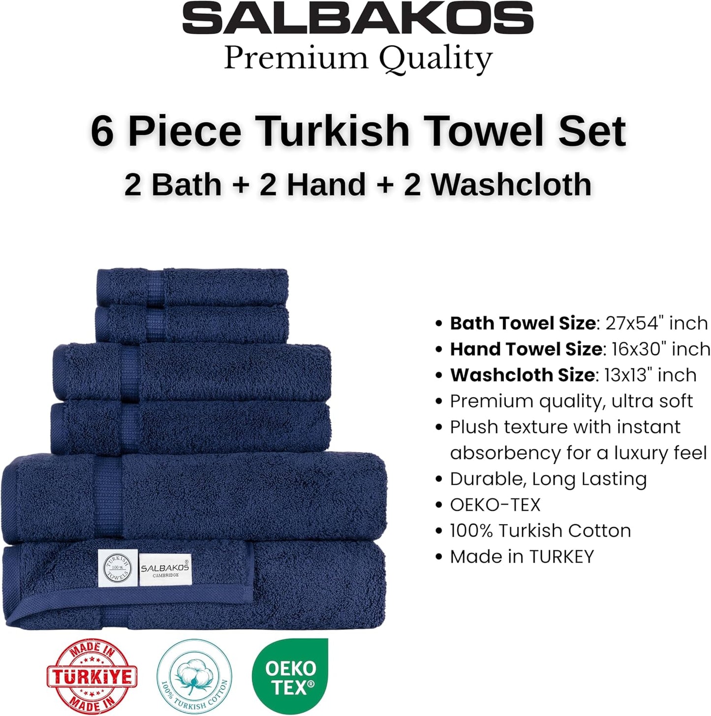 SALBAKOS - Luxury 6 Piece Towel Set, 100% Turkish Cotton, Quick Drying, Highly Absorbent & Comfy, Includes 2 Bath