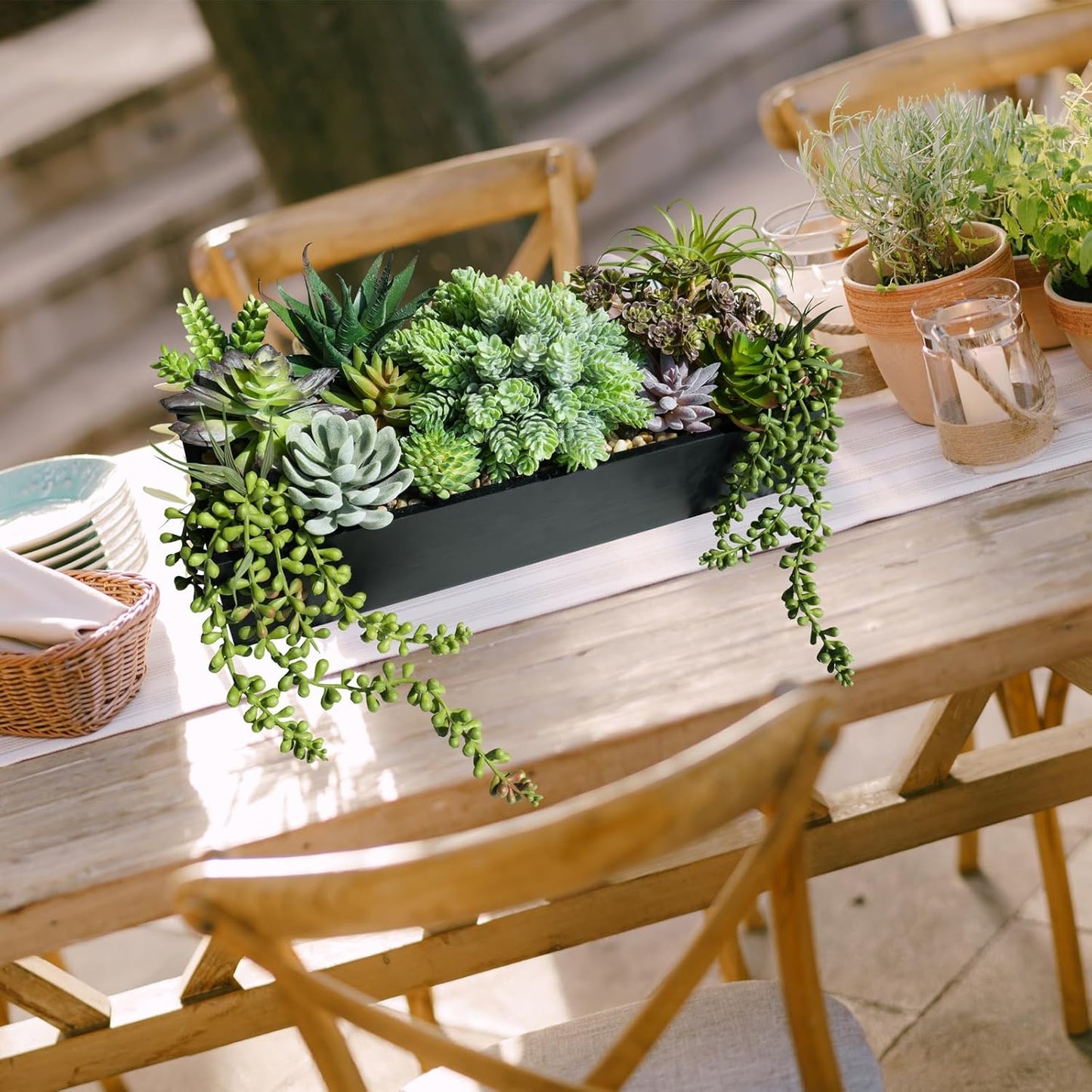 15" Artificial Succulents Arrangement Faux Succulents in Rectangular Wooden Planter Box Faux / Black