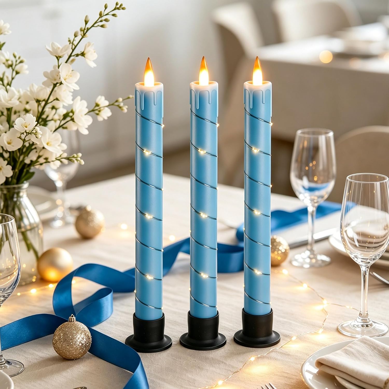 3 Pack Blue Dripping Wax Flameless Candles, Realistic Dynamic Flame LED Taper Candles with Surrounding Fairy String