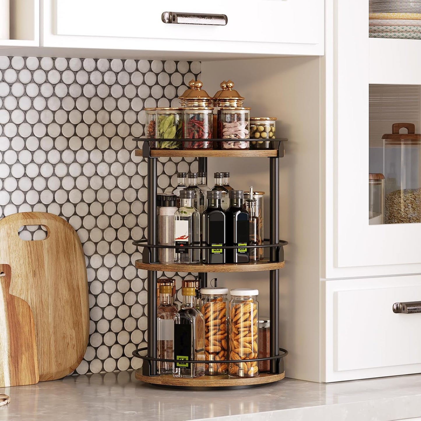 3-Tier Lazy Susan Organizer, Rotating Spice Rack, Spinning Organizer, Industrial Turntable Spice Rack Organizer for