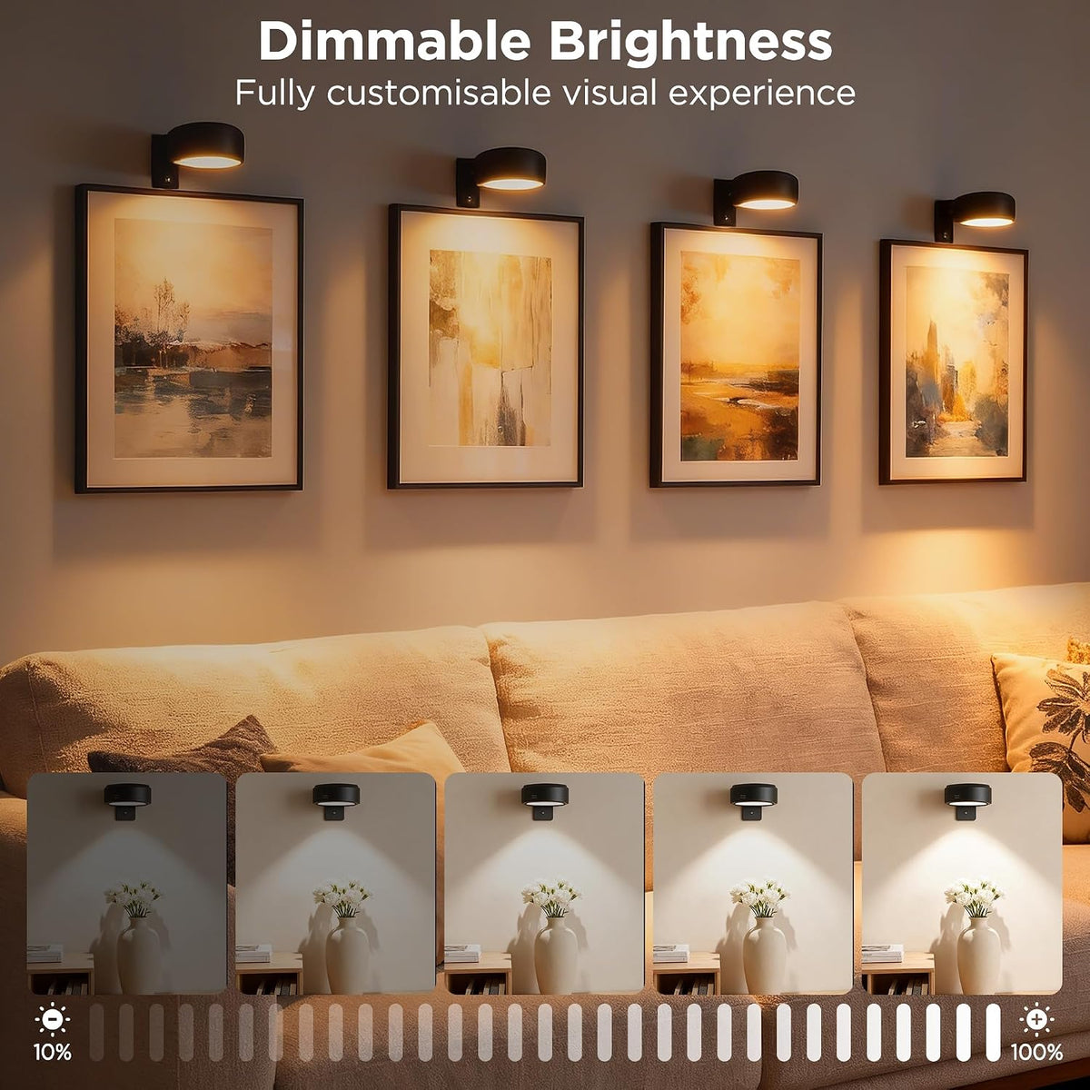 6-Pack Picture Lights for Wall, Rechargeable Wireless Poster Lights, Black | LED Magnetic Painting Lights with