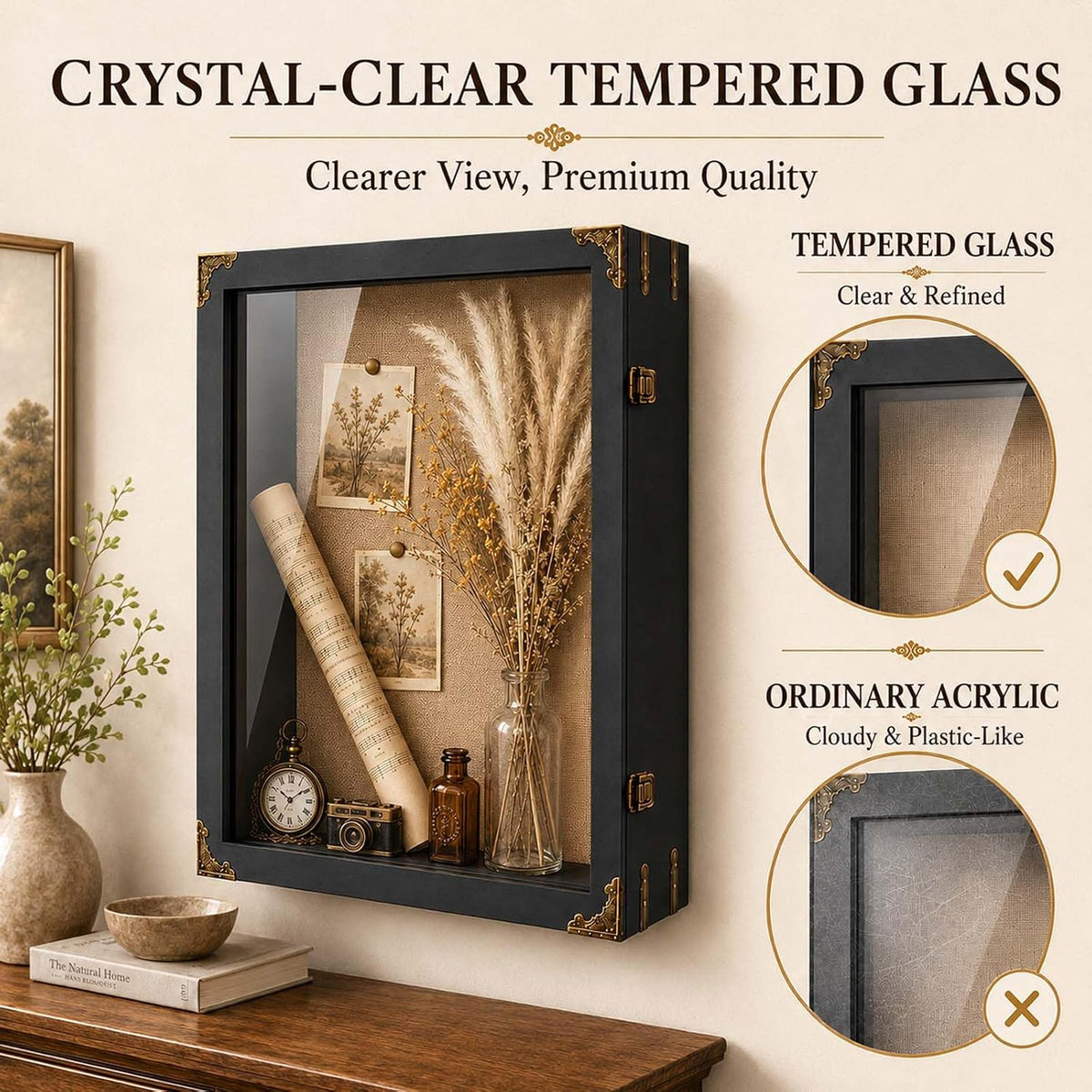 16x20x4.7 Inch Large Shadow Box Frame, 3.5-Inch Deep (Rustic Black) | Tempered glass, solid wood and linen backing for